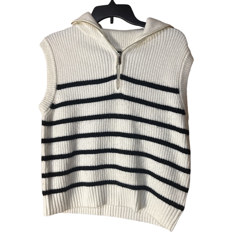 Cynthia Rowley Knit Sleeveless Half-Zip Sweater Boxy Black Stripes - Size M - Picture 6 of 6
